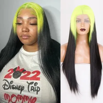 RONGDUOYI Neon Zelená Čierna Ombre Parochňu Dlhé Rovné Prirodzené Vlasy Tepla Vlákna Syntetické Parochne Čipky Front Cosplay make-up Ženy, Použitie