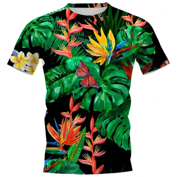 Pánske T-shirt, umelecké oblečenie vytlačené s tropickými rastlinami, O-neck top pánske
