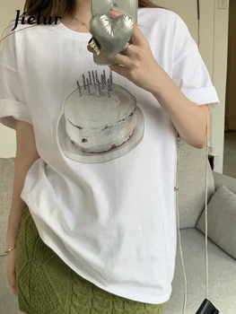 Jielur Lete kórejský Vintage Voľné dámske tričko Jednoduché Základné Módne Bežné T-shirt Žena Slim Black White O-Neck Top Žena
