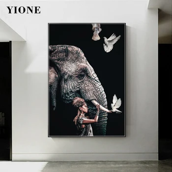 Moderné Africké Zviera Plátne Obrazy Black Divokých Slonov Vtákov a Žena Plagát na Stenu Umelecké reprodukcie Obrazu na Obývacia Izba, Spálňa