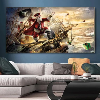 Vianočné Plagáty Santa Claus a Pirátska Loď Kapitána Poslať Darček Vytlačí Dovolenku Stranou Steny Home Decor Art Vlny Maliarske Plátno