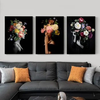 Retro Žena Hlavu s Kvetmi Umelecké Plátno Maľovaní Plagátov Vytlačí Módny Portrét Wall Art Obrázky pre Domáce Obývacia Izba Dekor