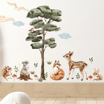 Cartoon Akvarel Strom a Lesné Zvieratá Samolepky na Stenu pre Deti Izba Dekor Lesný Líška, Zajac Stenu pre Detská Izba Spálňa
