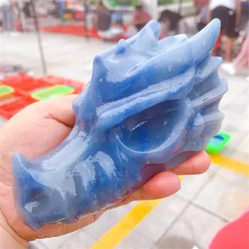 15 CM Prírodný Modrý Aventurine Dragon Lebky Crystal Vyrezávané Leštené Zvierat Silný Socha Remesiel Pre Domáce Dekorácie Darček 1PCS