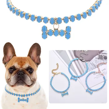 Drahokamu obojok luxusné Modrá Mačka Náhrdelník S Kosťou Nezávislá Perro Collier Reťazca Pet Šperky Obojky pre Malé Pug Chihuhua