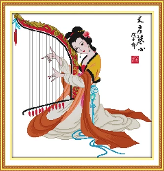Wen-Jun hrať na harfu, cross stitch auta ľudí 18ct 14ct 11ct počítať vytlačiť plátno stehov výšivky HOBBY ručné vyšívanie