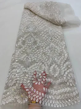Čisto Biely Afriky Vysoko Kvalitné Ručné Korálkové Tylu Čipky Textílie Francúzsky Luxusné Vyšívané Flitrami Textílie Pre Svadobné Šaty Šiť