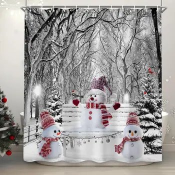Vianočné Tému Sprchový Záves Červený Kamión Vianočný Stromček Darček Jeleň Červený Vták Pinecone Snehu Scény Kúpele Opony Kúpeľňa Dekorácie