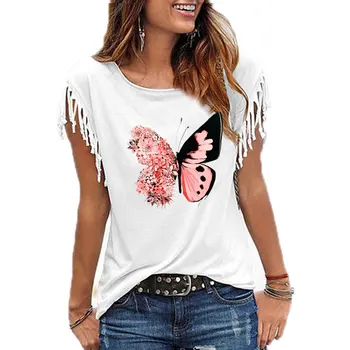 Nové 2021 Lady Cartoon Motýľ Kvetinový Elegantné 90. rokov Print T Shirt pre Ženy Top Bavlna Strapec Krátky Rukáv O-neck Tee