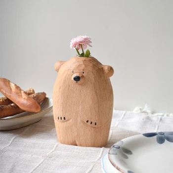 Ručné rezbárska medveď kvet usporiadanie tvorivé masívneho dreva kvetinové vázy, dekorácie