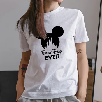 Disney Séria T-Shirts Najlepší Deň Navždy Tlač Bielych Tričkách Mickey Mouse Hlavou Vzor Harajuku Roztomilý Trend Okolo Krku, T Košele