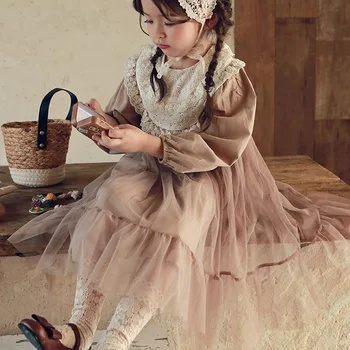 Dievčatá Bežné Šaty Jeseň Kórea 2023 Detské Oblečenie Čipky Oka Priadza Víla Nové Kolo Golier Sladké Dlho Sleeeve