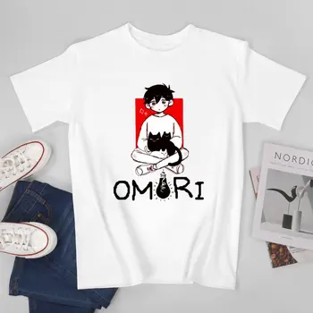 Harajuku T-Shirt Omori Emócie Bavlnené Tričká Roztomilý Black Cat Hippie Tričko pre Mužov Lete Y2K Zábava Bežné Topy