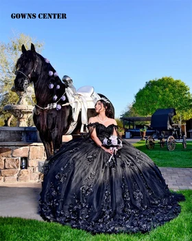 Nový Dizajn 2024 Princezná Black 3D Kvety Quinceanera Šaty S Cape Mimo Ramenný plesové Šaty, Svadobné Šaty Sweet 16 Šaty