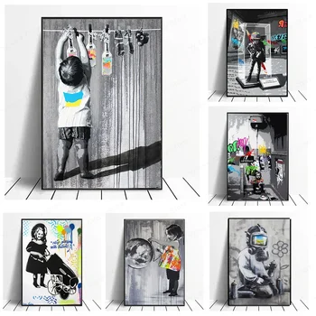 Banksy Street Art Chlapec Dievča Graffiti Plátno na Maľovanie Pop Wall Art Obrazy Abstraktné Plagáty a Tlačí na Doma Deti Izba Dekor