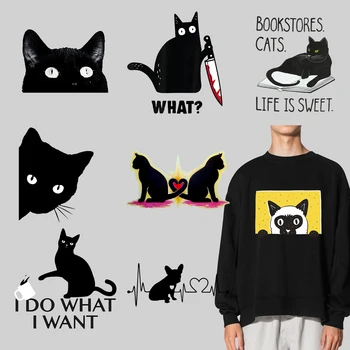 Legrační Karikatúra Čierna Mačka Tlače Prenos Tepla Umývateľný Žehlička Na Vzor Diy t-Shirt Dekoratívne Vhodný Na Tkaniny t-Shirts