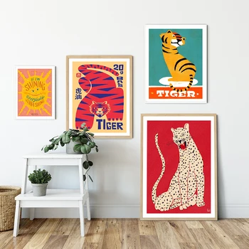 Tiger Ilustrácie A Typografii Plátno Tlačiť Jednoduché Zviera Obraz Abstrakt Farebný Plagát Maľovanie Deti Wall Art Izba Domova