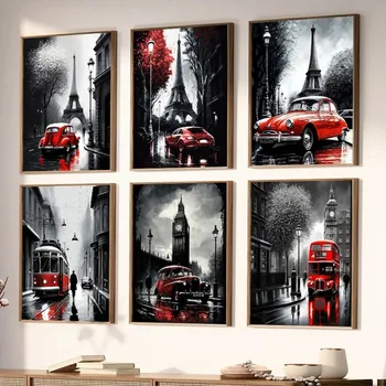 Londýnsky Big Ben, Paríž, Eiffelova Veža Ulice Mesta Červené Auto Krajiny Plagáty Vytlačí Plátno, Maľovanie obrazov na Stenu pre Miestnosti Domova