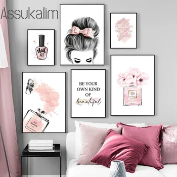 Ružová Plátno Plagát Parfum Maľovanie Plagátu Nechty Tlač Obrázkov Make-Up Nástenné Maľby Nordic Plagáty Dievčatá Miestnosti Dekorácie