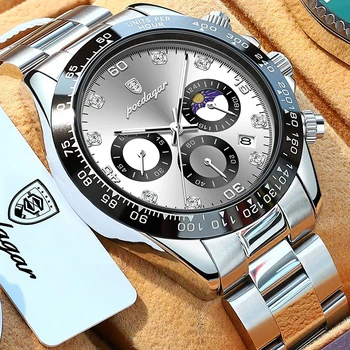 POEDAGAR Sport Chronograf Muži Hodinky Luxusné Obchodné Fázy Mesiaca Quartz pánske Náramkové hodinky z Ocele Popruh Nepremokavé Svietiace Hodiny