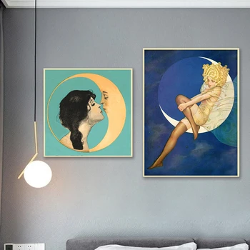 Krásna Žena v Mesiaci Plátno na Maľovanie Lady Vintage Plagáty Starožitné polmesiacom Retro Umenie Výtlačkov obrazov na Stenu Domova